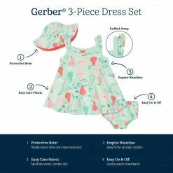 Gerber Childrenswear BabyPreemie - 24M 3-Piece Baby & Toddler Girls Pear Dress, Diaper Cover & Sun Hat Set