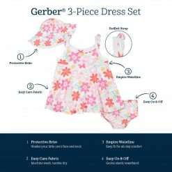 Gerber Childrenswear 3-Piece Baby & Toddler Girls Garden Dress, Diaper Cover & Sun Hat Set