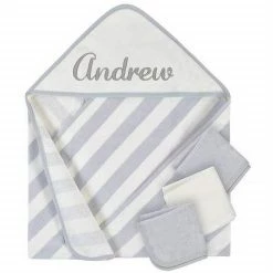 Gerber® Embroidered 4-Piece Neutral Striped Gray Hooded Towel & Washcloths Set