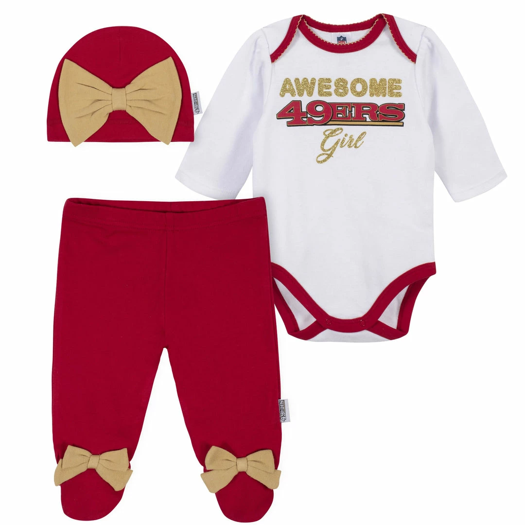 Best Sale 😉 NFL Baby 👧 Girls San Francisco 49ers 3-Piece Bodysuit, Pant, And Cap Set 💯 1 NFL Baby Girls San Francisco 49ers 3-Piece Bodysuit, Pant, And Cap Set