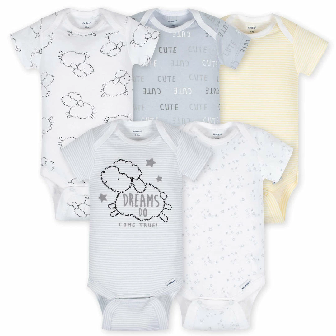 New 🔔 Gerber® 5-Pack Baby Neutral Lamb Short Sleeve Onesies® Bodysuits 🧨 1 Gerber® 5-Pack Baby Neutral Lamb Short Sleeve Onesies® Bodysuits