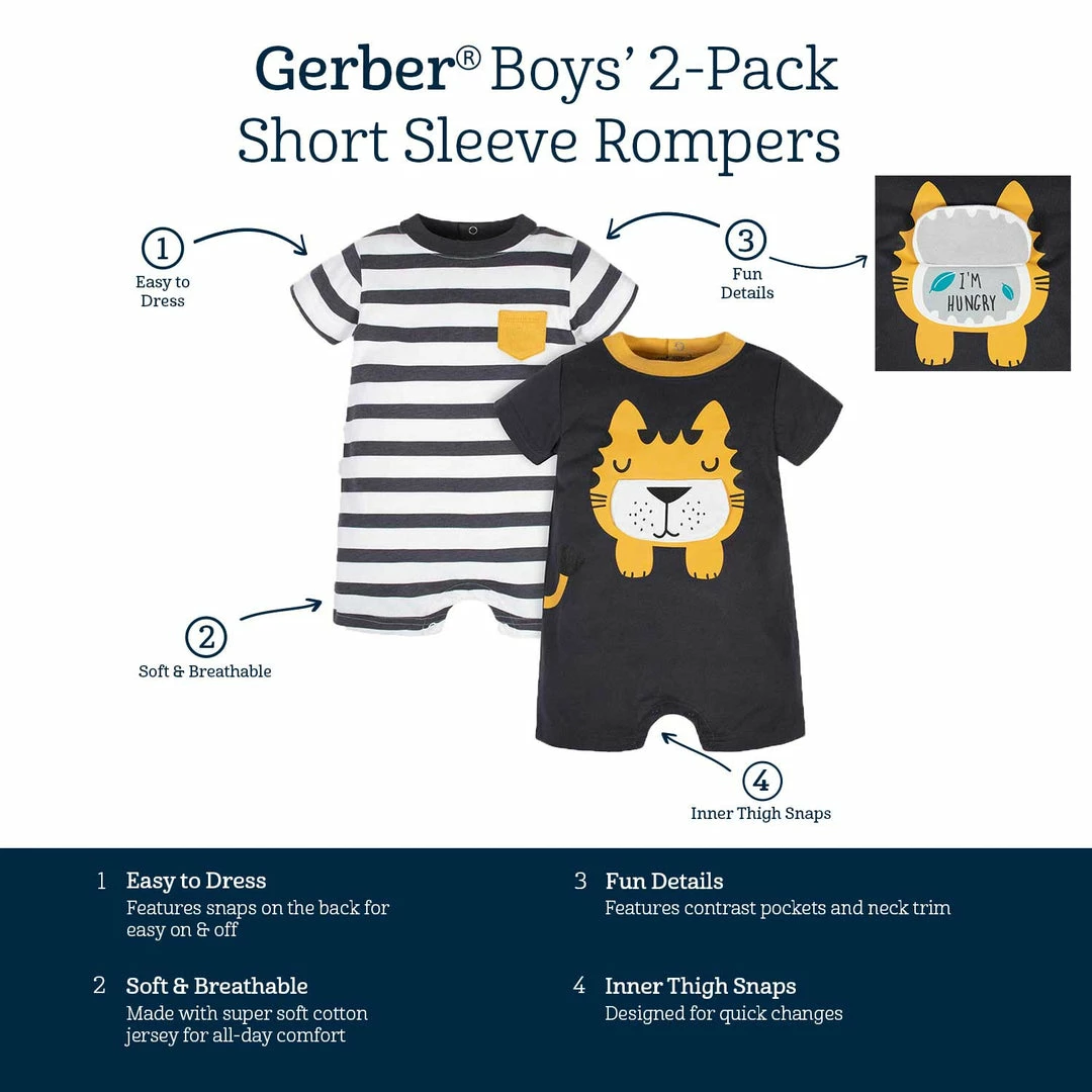 Buy 😉 Gerber® See What's New 2-Pack Baby Boys Wild At Heart Tiger Rompers ✔️ 7 Gerber® See What's New 2-Pack Baby Boys Wild At Heart Tiger Rompers