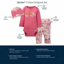 Gerber® 3-Piece Baby Girls Feelin' Floral Onesies® Bodysuit, Pant, & Cap Set BabyPreemie - 24M