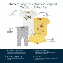 Gerber® 4-Piece Baby Girls Bee Garden Onesies® Bodysuit, Tee, Skort & Pant Set See What's New