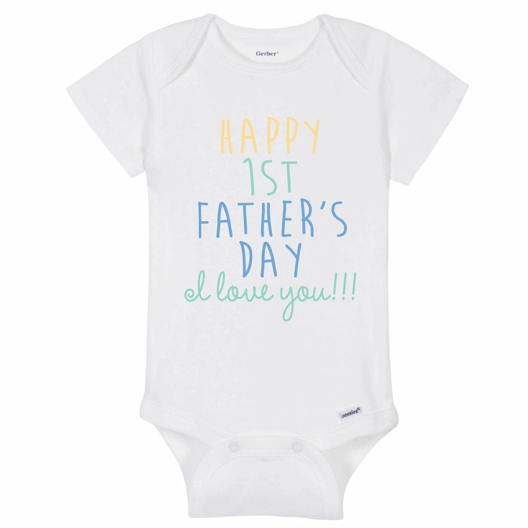 New 👍 Gerber® "Happy 1st Father's Day" Premium Short Sleeve Onesies® Bodysuit - White 🎉 1 Gerber® "Happy 1st Father's Day" Premium Short Sleeve Onesies® Bodysuit - White