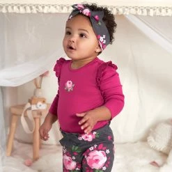Gerber® 3-Piece Baby Girls Burgundy Garden Onesies® Bodysuit, Pants & Headband Set See What's New