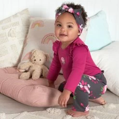 Gerber® 3-Piece Baby Girls Burgundy Garden Onesies® Bodysuit, Pants & Headband Set See What's New