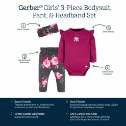 Gerber® 3-Piece Baby Girls Burgundy Garden Onesies® Bodysuit, Pants & Headband Set See What's New