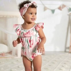 Gerber® See What's New 2-Piece Baby Girls Pink Garden Wide Neck Romper & Headband Set