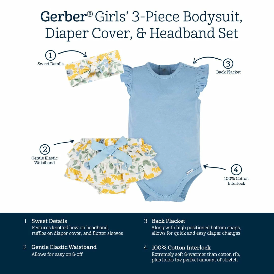 Best Pirce 🌟 Gerber® 3-Piece Baby 👧 Girls Sunny Garden Onesies® Bodysuit, Diaper Cover & Headband Set 🤩 7 Gerber® 3-Piece Baby Girls Sunny Garden Onesies® Bodysuit, Diaper Cover & Headband Set