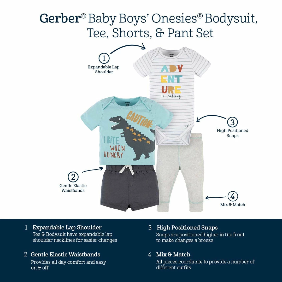 Cheap 🌟 Gerber® 4-Piece Baby Boys Dino Blues Onesies® Bodysuit, Tee, Shorts & Pant Set ✔️ 8 Gerber® 4-Piece Baby Boys Dino Blues Onesies® Bodysuit, Tee, Shorts & Pant Set