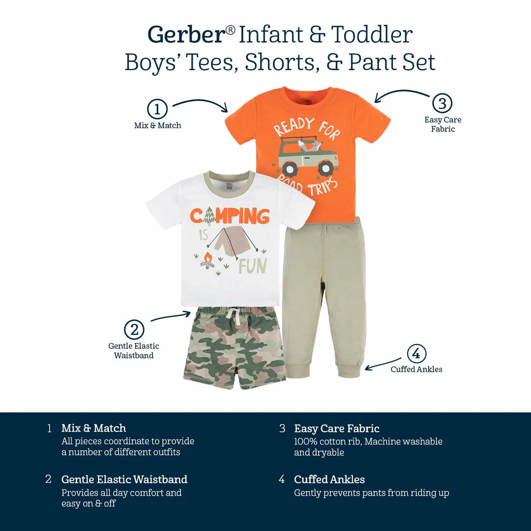 Wholesale 🤩 Gerber® See What's New 4-Piece Infant & Toddler Boys Camping Fun Tees, Shorts & Pants Set 🎁 10 Gerber® See What's New 4-Piece Infant & Toddler Boys Camping Fun Tees, Shorts & Pants Set