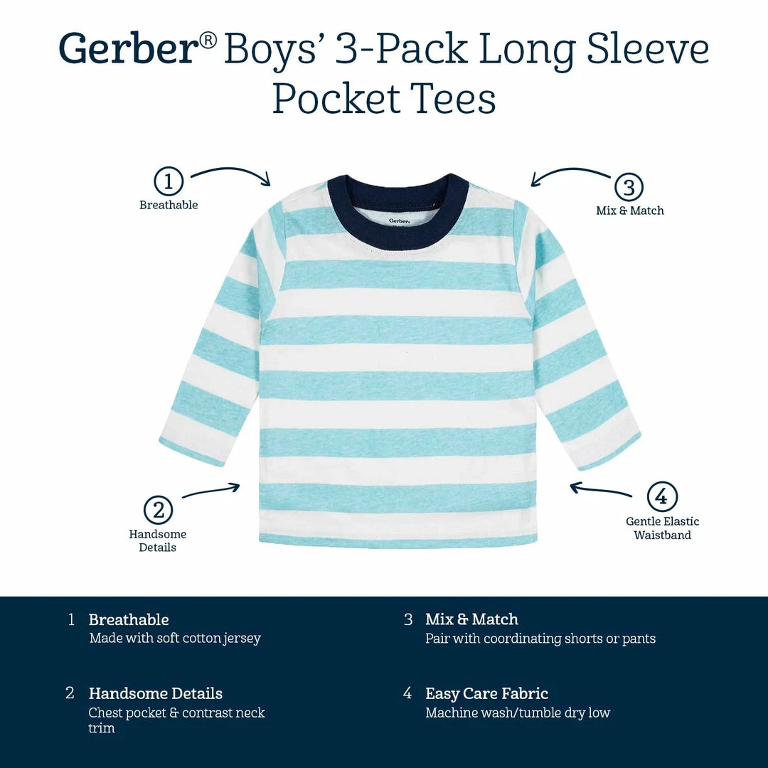 Wholesale 👍 Gerber® 3-Pack Baby & Toddler Boys Royal Blues Long Sleeve Pocket Tees See What's New 🥰 9 Gerber® 3-Pack Baby & Toddler Boys Royal Blues Long Sleeve Pocket Tees See What's New