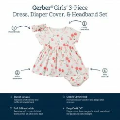 Gerber® See What's New 3-Piece Baby & Toddler Girls Cherry Kisses Dress, Diaper Cover & Headband Set