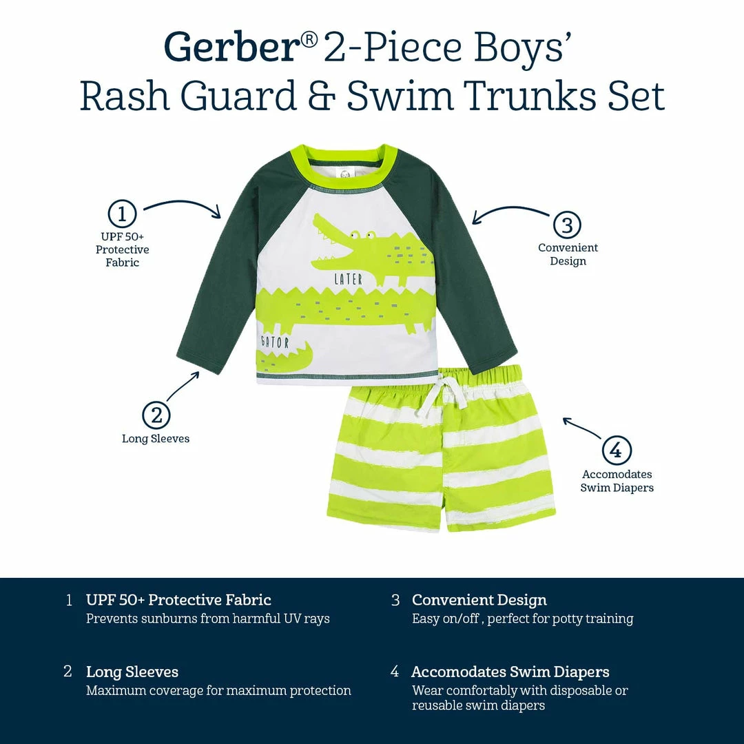 Best Pirce 🤩 Gerber® 2-Piece Baby & Toddler Boys Later Gator Rash Guard & Swim Trunks Set ❤️ 9 Gerber® 2-Piece Baby & Toddler Boys Later Gator Rash Guard & Swim Trunks Set