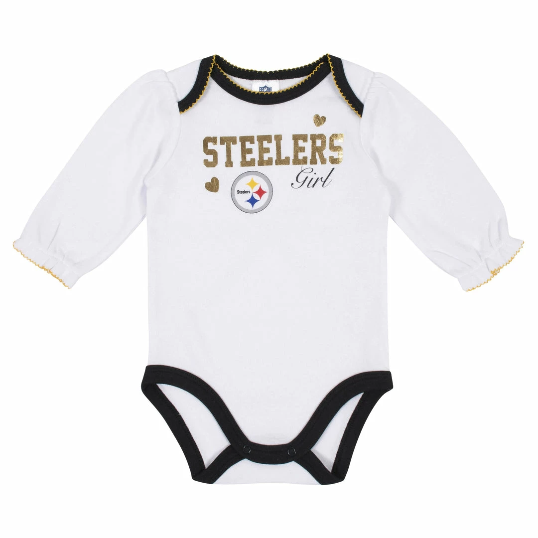 Outlet 😉 NFL Baby 👧 Girls Pittsburgh Steelers Long Sleeve Bodysuit, 2-pack 🤩 3 NFL Baby Girls Pittsburgh Steelers Long Sleeve Bodysuit, 2-pack