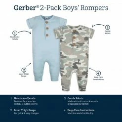 Gerber® 2-Pack Baby Boys Camo & Blue Short Sleeve Rompers