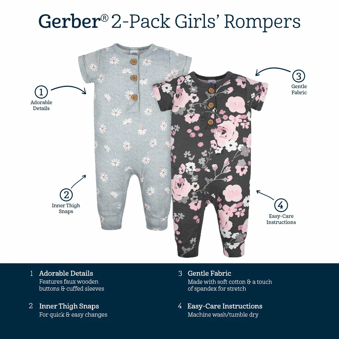 Promo 🔔 Gerber® 2-Pack Baby 👧 Girls Floral & Daisies Short Sleeve Rompers ✨ 6 Gerber® 2-Pack Baby Girls Floral & Daisies Short Sleeve Rompers