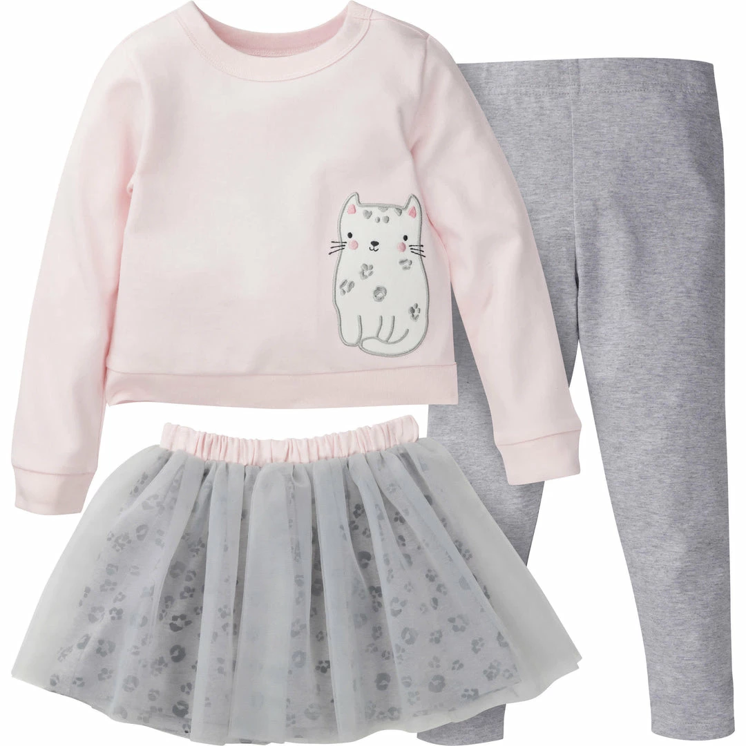 Buy ✨ Gerber® 3-Piece Baby & Toddler 👧 Girls Purrfectly Cute French Terry Top, Tulle Tutu, & Legging Set ⌛ 1 Gerber® 3-Piece Baby & Toddler Girls Purrfectly Cute French Terry Top, Tulle Tutu, & Legging Set