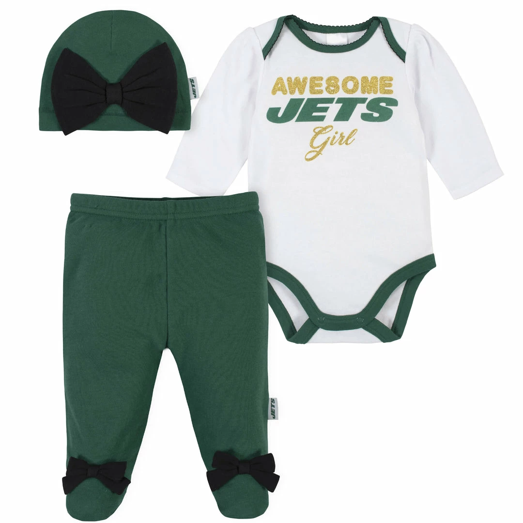 Brand new ✨ NFL BabyPreemie - 24M New York Jets Baby 👧 Girls Bodysuit, Pant, And Cap Set ⭐ 1 NFL BabyPreemie - 24M New York Jets Baby Girls Bodysuit, Pant, And Cap Set