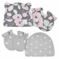 Gerber® 4-Piece Baby Girls Comfy Stretch Floral Leopard Caps & No Scratch Mittens Set BabyPreemie - 24M