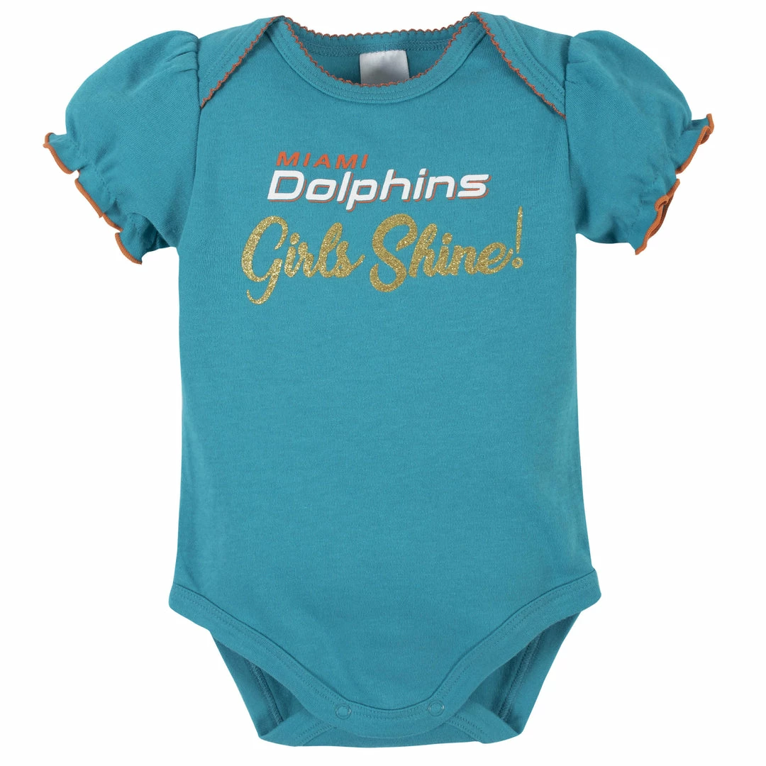 Hot Sale 🤩 NFL Miami Dolphins Baby 👧 Girls Short Sleeve Bodysuits 🧨 4 NFL Miami Dolphins Baby Girls Short Sleeve Bodysuits