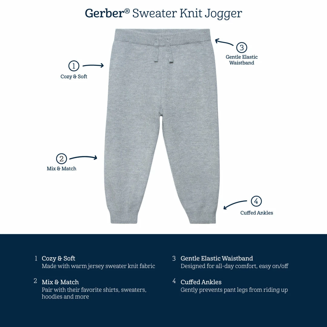 Hot Sale 😉 Gerber® Kids Infant & Toddler Neutral Gray Heather Sweater Knit Jogger BabyPreemie - 24M 🥰 6 Gerber® Kids Infant & Toddler Neutral Gray Heather Sweater Knit Jogger BabyPreemie - 24M