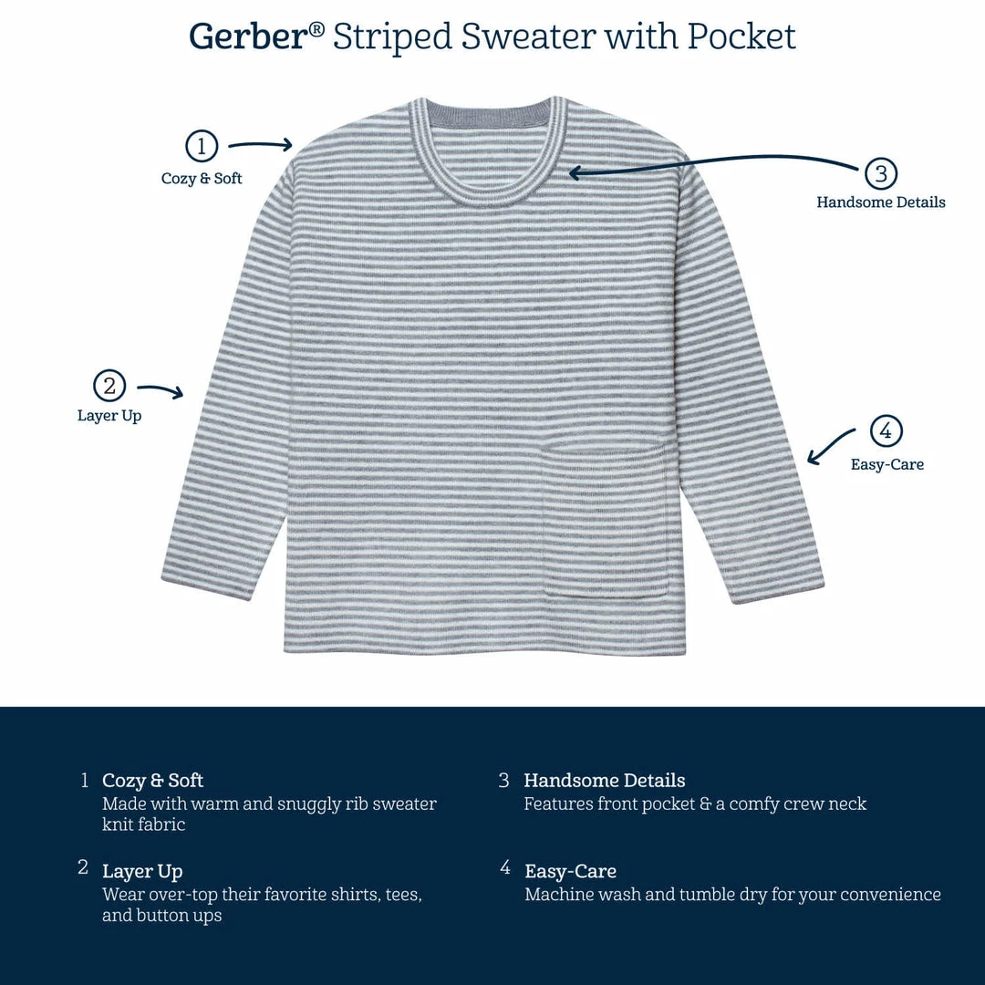 Hot Sale 😍 Gerber® Kids BabyPreemie - 24M Infant & Toddler Boys Blue Striped Sweater With Pocket ❤️ 4 Gerber® Kids BabyPreemie - 24M Infant & Toddler Boys Blue Striped Sweater With Pocket