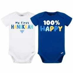 Gerber® BabyPreemie - 24M 2-Pack Baby "My First Hanukkah" & "100% Happy" Short Sleeve Onesies® Holiday Bodysuits