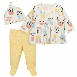 Gerber® 3-Piece Baby Girls Comfy Stretch Flower Pot Shirt, Footed Pant And Cap Set