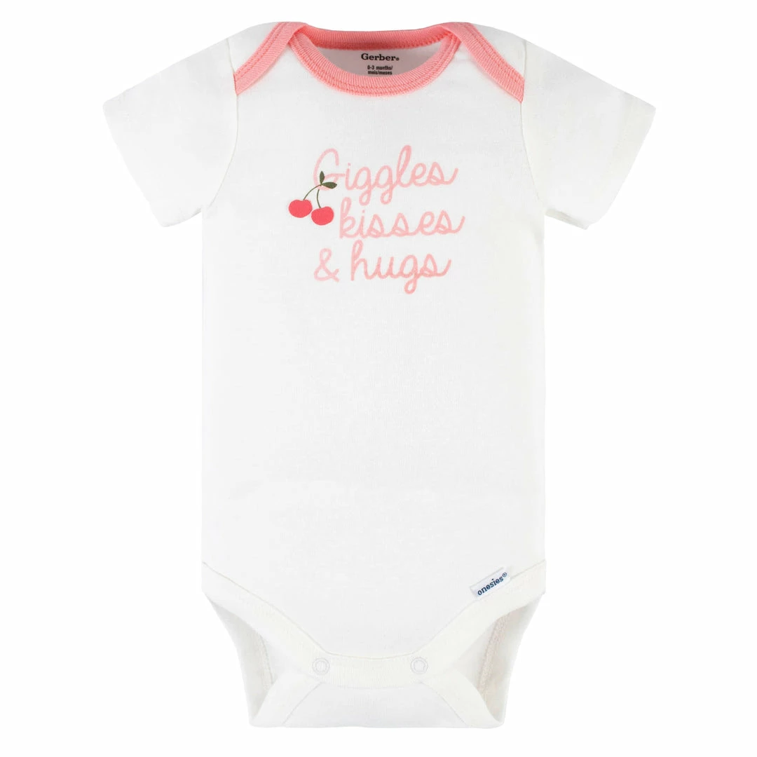 Hot Sale 🥰 Gerber® See What's New 3-Piece Baby 👧 Girls Cherry Kisses Short Sleeve Onesies® Bodysuits & Pants Set ❤️ 3 Gerber® See What's New 3-Piece Baby Girls Cherry Kisses Short Sleeve Onesies® Bodysuits & Pants Set