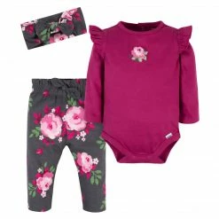 Gerber® 3-Piece Baby Girls Burgundy Garden Onesies® Bodysuit, Pants & Headband Set See What's New
