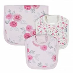 Gerber® 3-Piece Baby Girls Comfy Stretch Roses & Bunnies Bib & Burps Set BabyPreemie - 24M