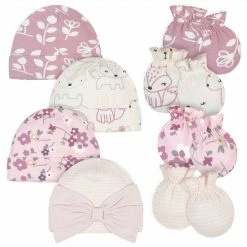 Gerber® 8-Piece Organic Baby Girls Fox Caps & No Scratch Mittens BabyPreemie - 24M