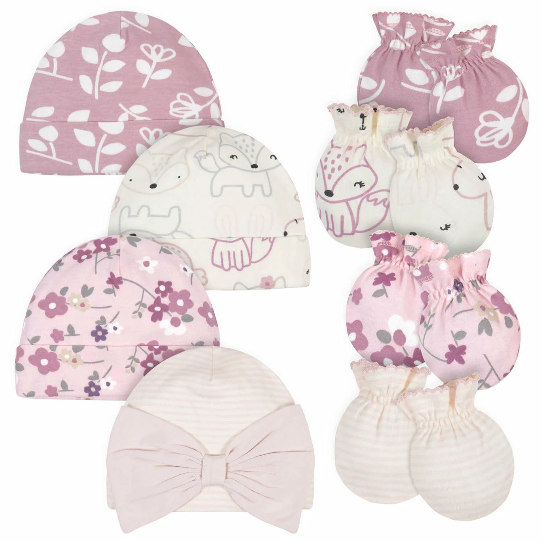 Flash Sale 😍 Gerber® 8-Piece Organic Baby 👧 Girls Fox Caps & No Scratch Mittens BabyPreemie - 24M ❤️ 1 Gerber® 8-Piece Organic Baby Girls Fox Caps & No Scratch Mittens BabyPreemie - 24M