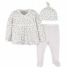 Gerber® 3-Piece Baby Girls Comfy Stretch Floral Leopard Long Sleeve Shirt, Footed Pant, & Cap Set BabyPreemie - 24M