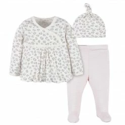 Gerber® 3-Piece Baby Girls Comfy Stretch Floral Leopard Long Sleeve Shirt, Footed Pant, & Cap Set BabyPreemie - 24M
