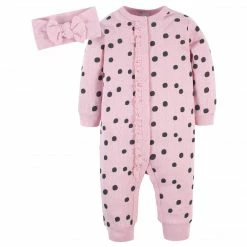 Gerber® 4-Piece Baby Girls Dots & Roses Coveralls & Headbands Set