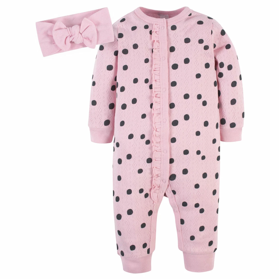 Cheapest 🤩 Gerber® 4-Piece Baby 👧 Girls Dots & Roses Coveralls & Headbands Set 😀 2 Gerber® 4-Piece Baby Girls Dots & Roses Coveralls & Headbands Set