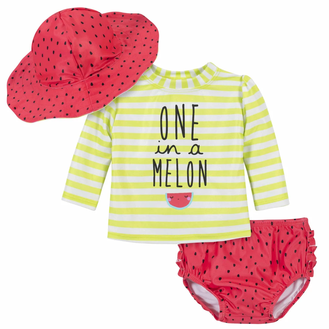 New 🔥 Gerber® 3-Piece 👧 Girls Watermelon Swim Bottoms, Rash Guard, & Hat Bundle BabyPreemie - 24M 😍 1 Gerber® 3-Piece Girls Watermelon Swim Bottoms, Rash Guard, & Hat Bundle BabyPreemie - 24M