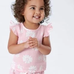 Gerber® Kids Infant & Toddler Girls Pink Floral Gauze Flutter Sleeve Top BabyPreemie - 24M
