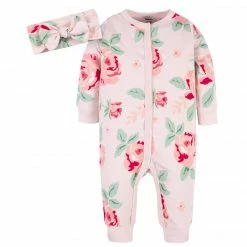 Gerber® 2-Piece Baby Girls Pink Garden Coverall & Headband Set See What's New