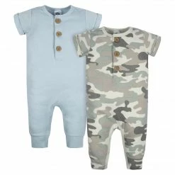Gerber® 2-Pack Baby Boys Camo & Blue Short Sleeve Rompers