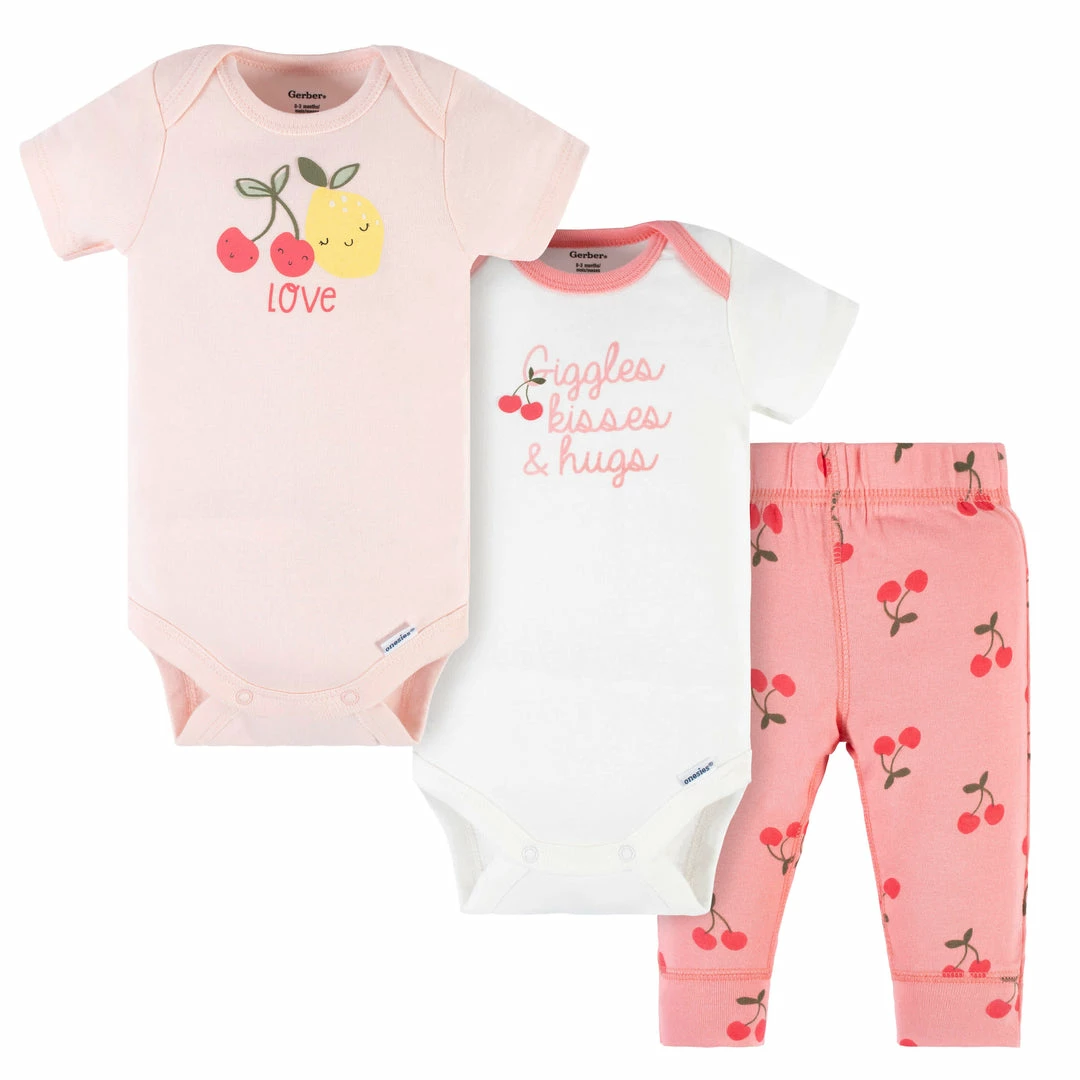 Hot Sale 🥰 Gerber® See What's New 3-Piece Baby 👧 Girls Cherry Kisses Short Sleeve Onesies® Bodysuits & Pants Set ❤️ 1 Gerber® See What's New 3-Piece Baby Girls Cherry Kisses Short Sleeve Onesies® Bodysuits & Pants Set