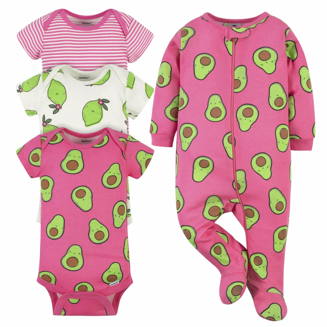 Cheapest 🔥 Gerber® 4-Piece Baby Pink Avocados Onesies® Bodysuit & Sleep 'N Play Set 🤩 1 Gerber® 4-Piece Baby Pink Avocados Onesies® Bodysuit & Sleep 'N Play Set