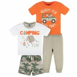 Gerberยฎ See What's New 4-Piece Infant & Toddler Boys Camping Fun Tees, Shorts & Pants Set