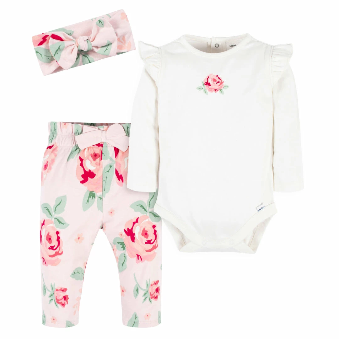 Outlet 🎉 Gerber® See What's New 3-Piece Baby 👧 Girls Pink Garden Onesies® Bodysuit, Pants & Headband Set 😍 1 Gerber® See What's New 3-Piece Baby Girls Pink Garden Onesies® Bodysuit, Pants & Headband Set