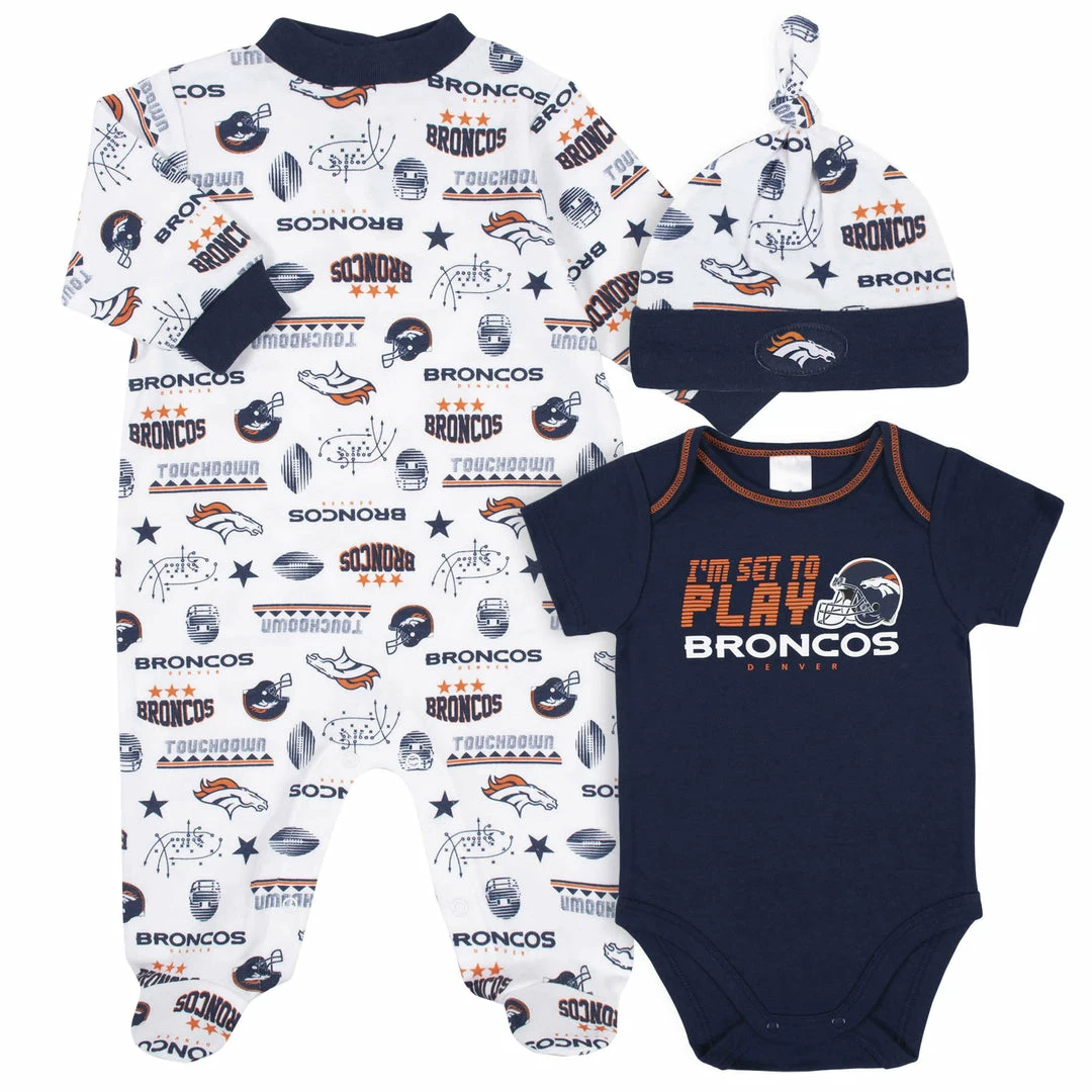Cheapest ❤️ NFL Denver Broncos 3-Piece Baby Boys Bodysuit, Sleep 'N Play, And Cap Set ✨ 1 NFL Denver Broncos 3-Piece Baby Boys Bodysuit, Sleep 'N Play, And Cap Set