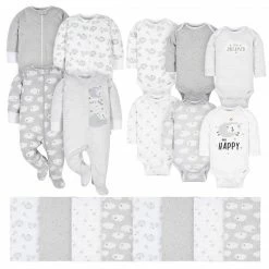 Gerber® 18-Piece Baby Neutral Sheep And Clouds Sleep 'N Play, Onesies® Bodysuit, And Burpcloth Set