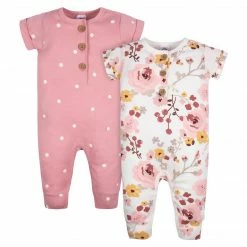 Gerber® See What's New 2-Pack Baby Girls Floral & Dots Short Sleeve Rompers